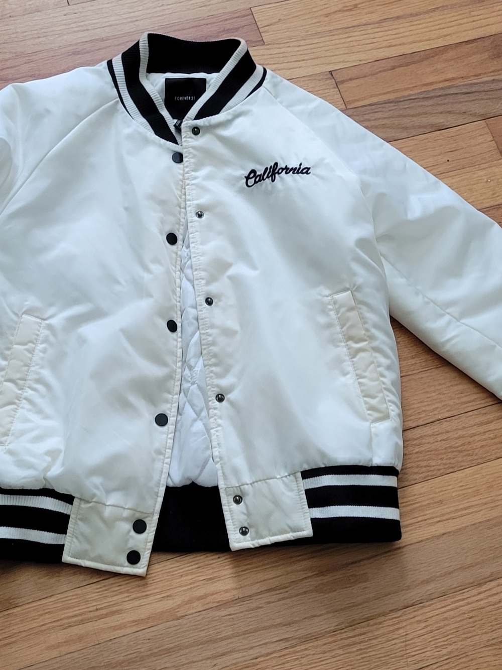 Forever 21 White Embroidered 'California' Varsity Bomber Jacket